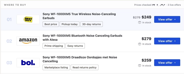 Price comparison features in Content Egg