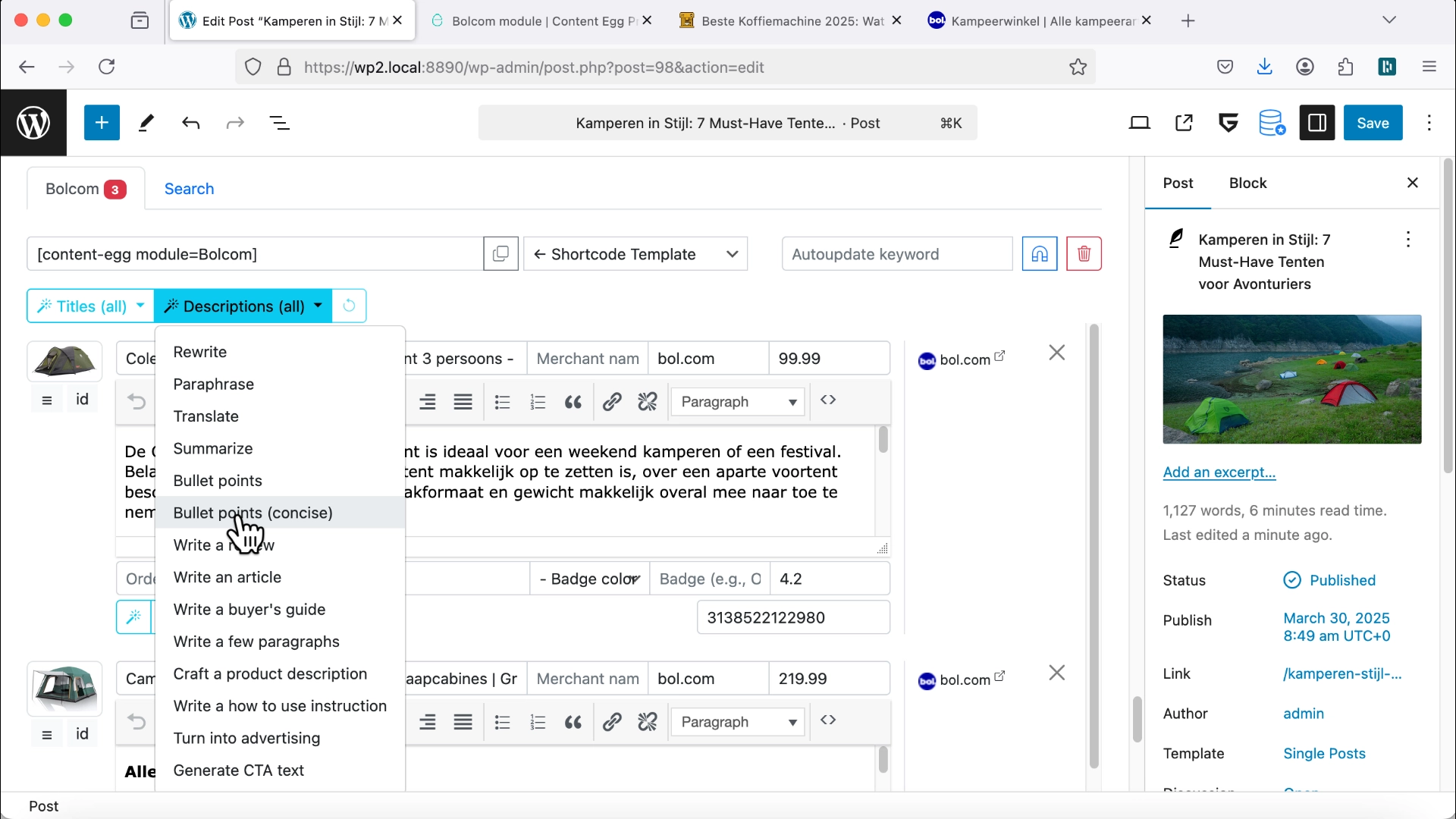 Content Egg plugin AI assistant generating product bullet points and descriptions for Bol.com affiliate products in WordPress