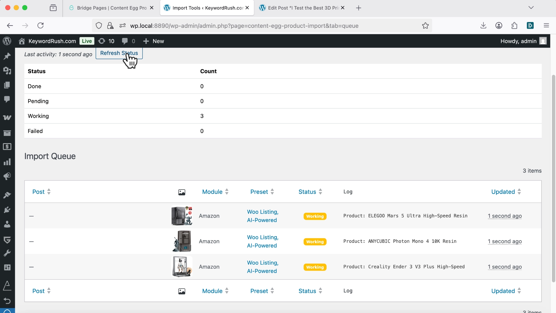 Queue page with pending imports