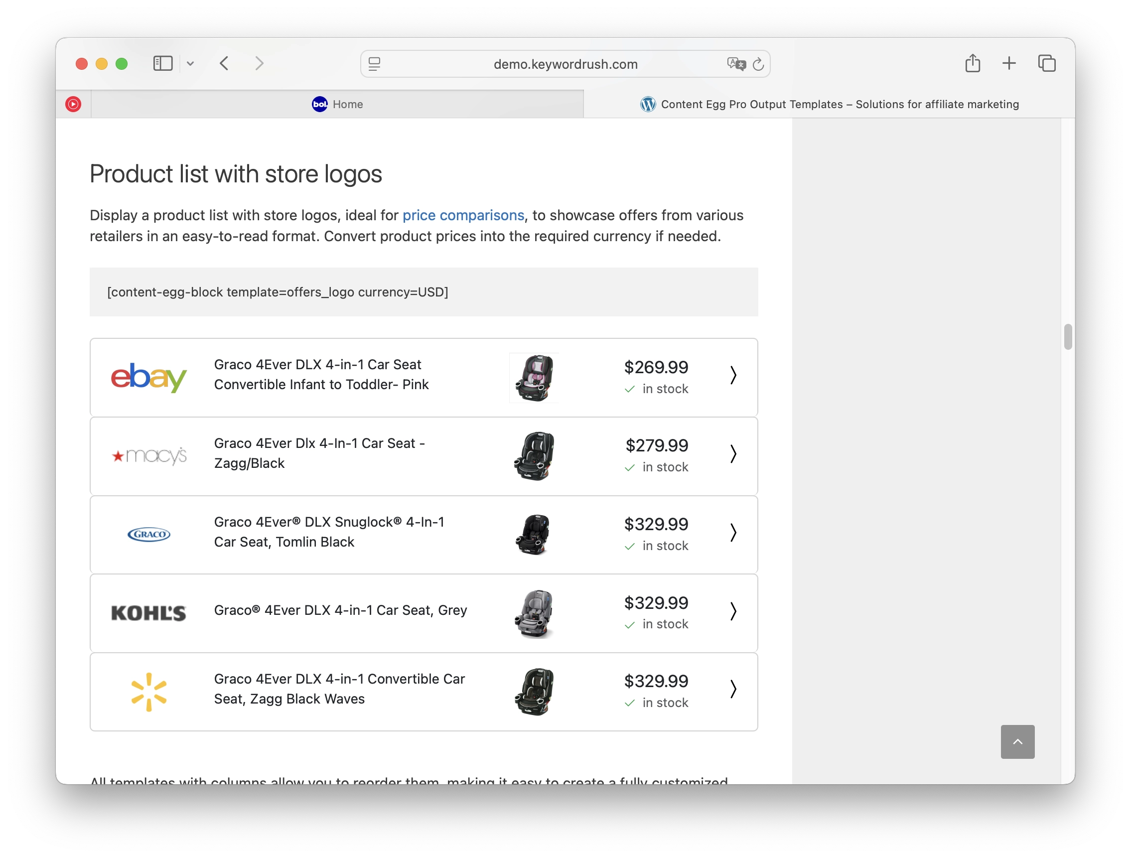 Price comparison in Content Egg WP Plugin
