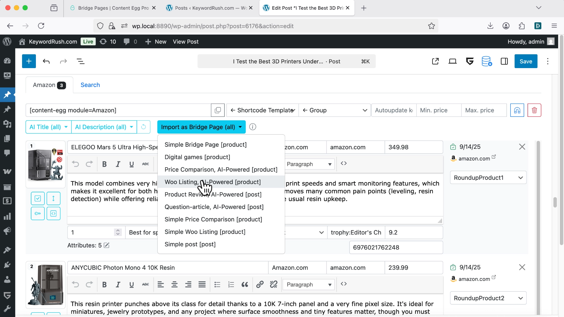 Import as Bridge Page button in the post editor