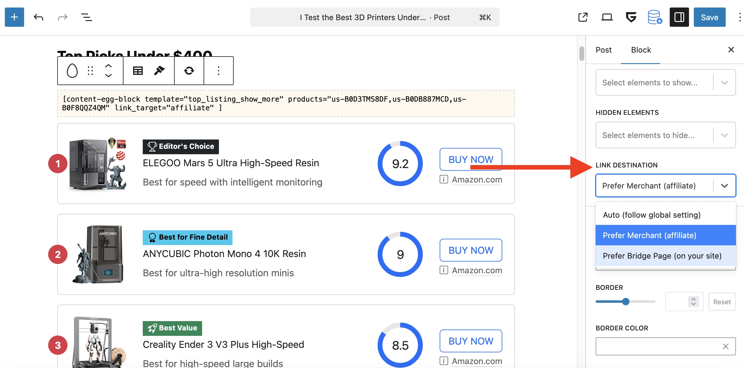 Content Egg block link destination setting in WordPress editor sidebar
