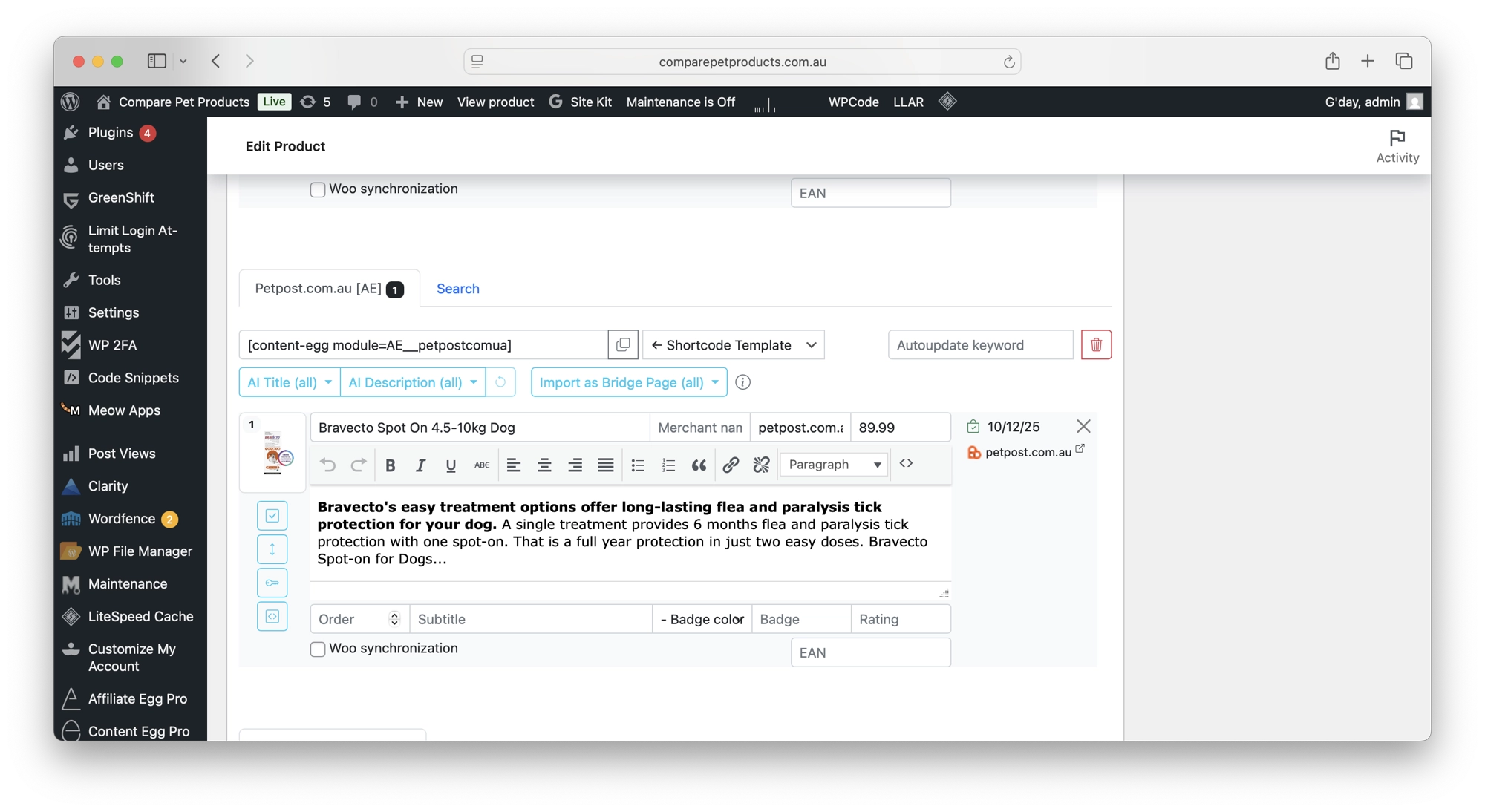 WordPress post edit page showing a Content Egg product module used for automated price comparison