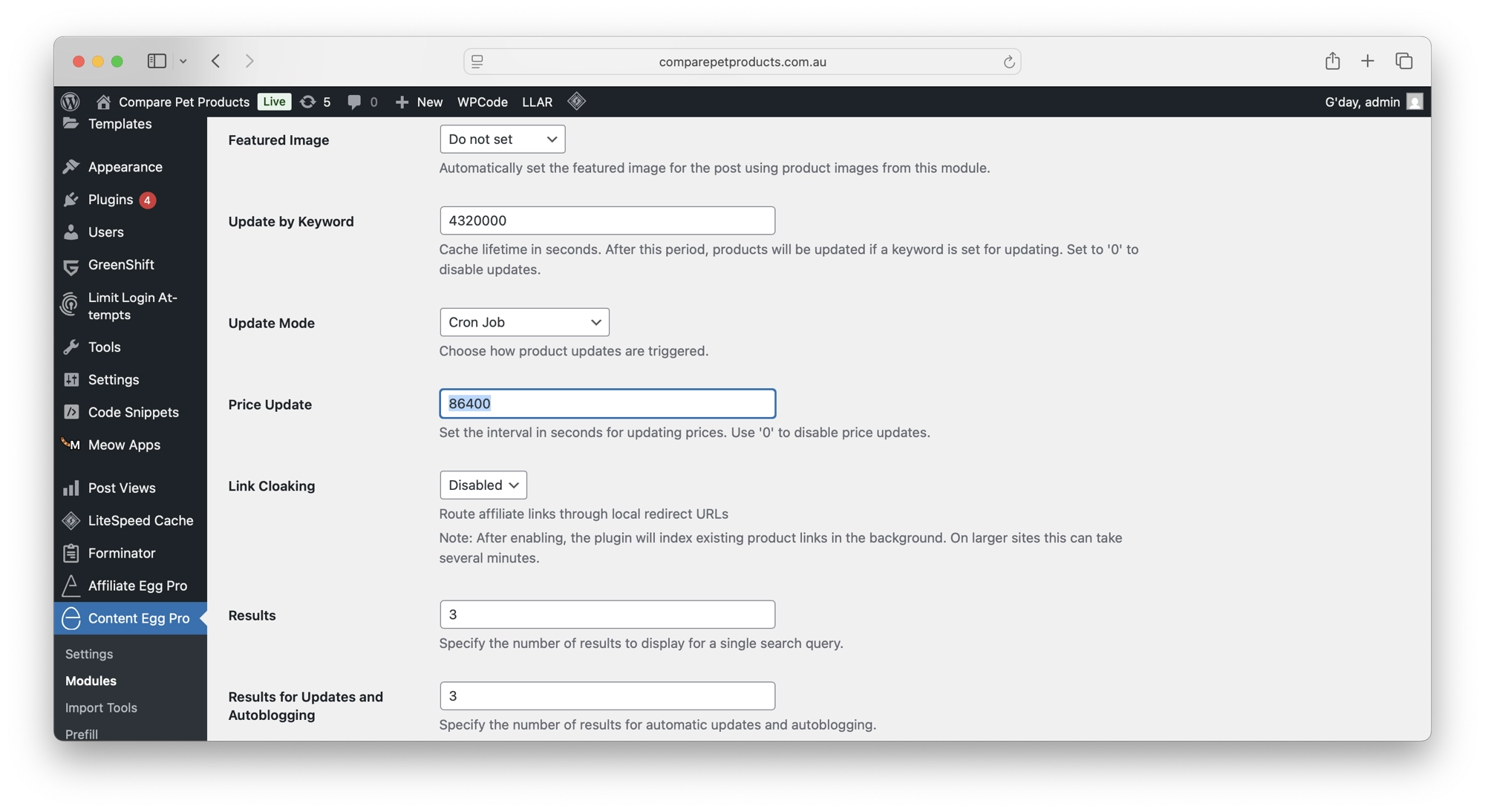 Content Egg plugin settings page showing options for automatic product price updates