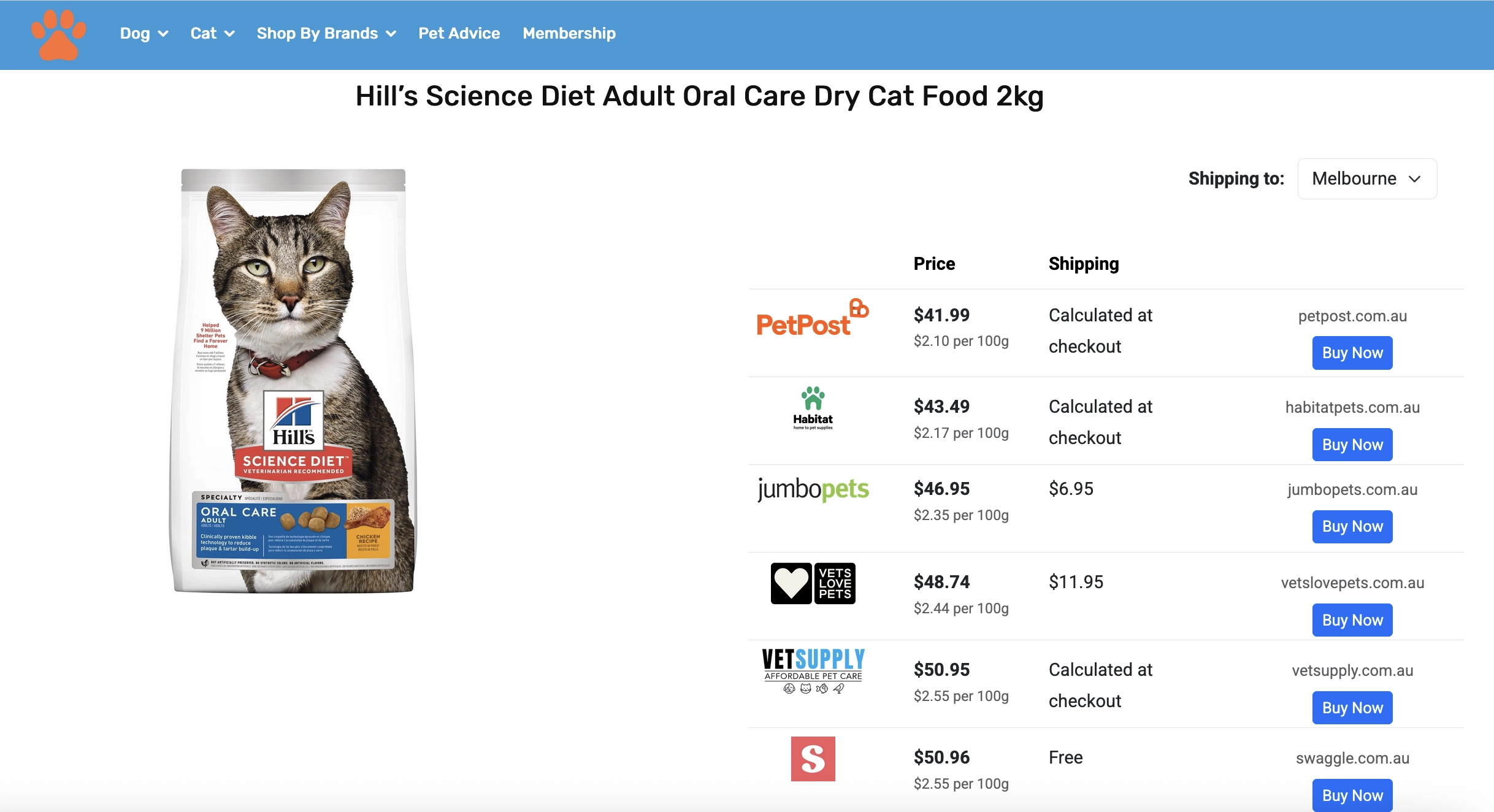 Frontend view of a price comparison table showing merchant list and product prices on Compare Pet Products