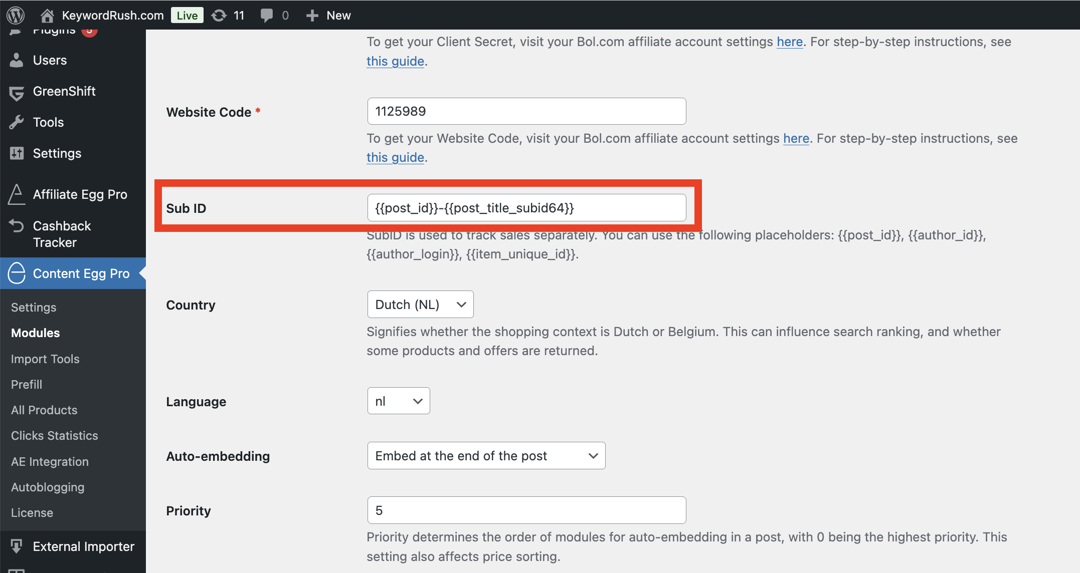 SubID in the Bol module in Content Egg
