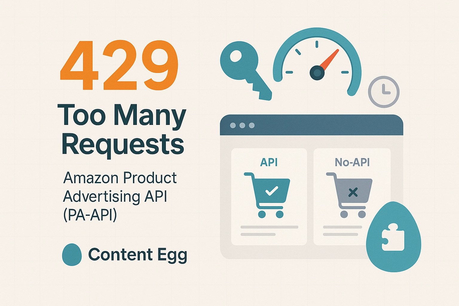 Illustration showing an Amazon Product Advertising API “429 Too Many Requests” error with icons for speed, time, and API keys — representing rate limits and access throttling.