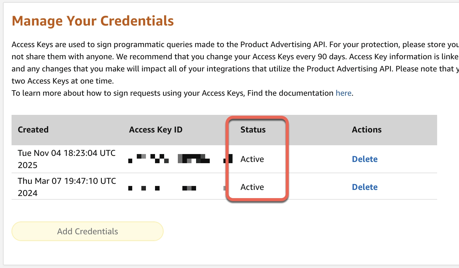Amazon Associates Manage Your Credentials page showing active PA-API keys