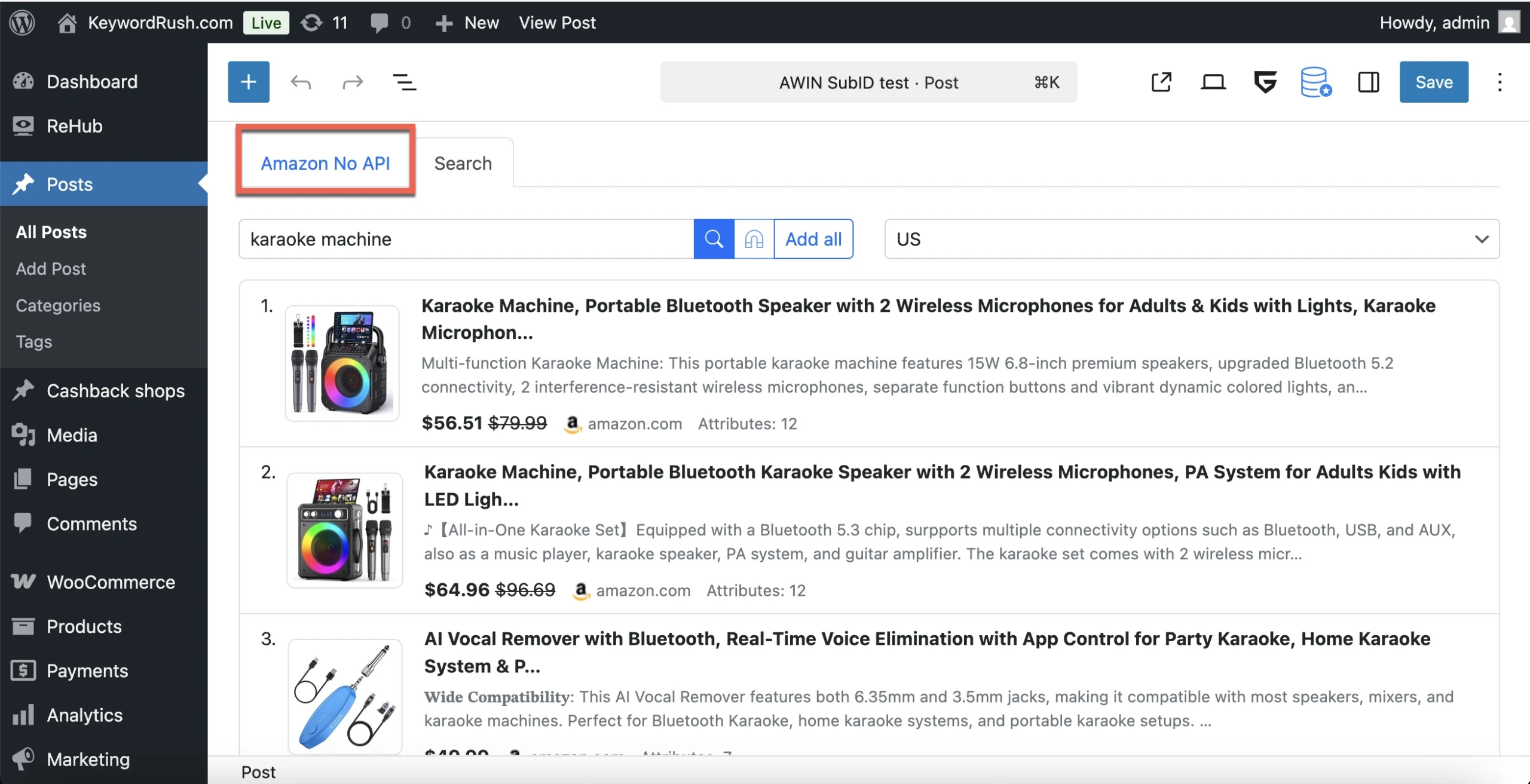 Content Egg Amazon NoAPI module showing keyword search results