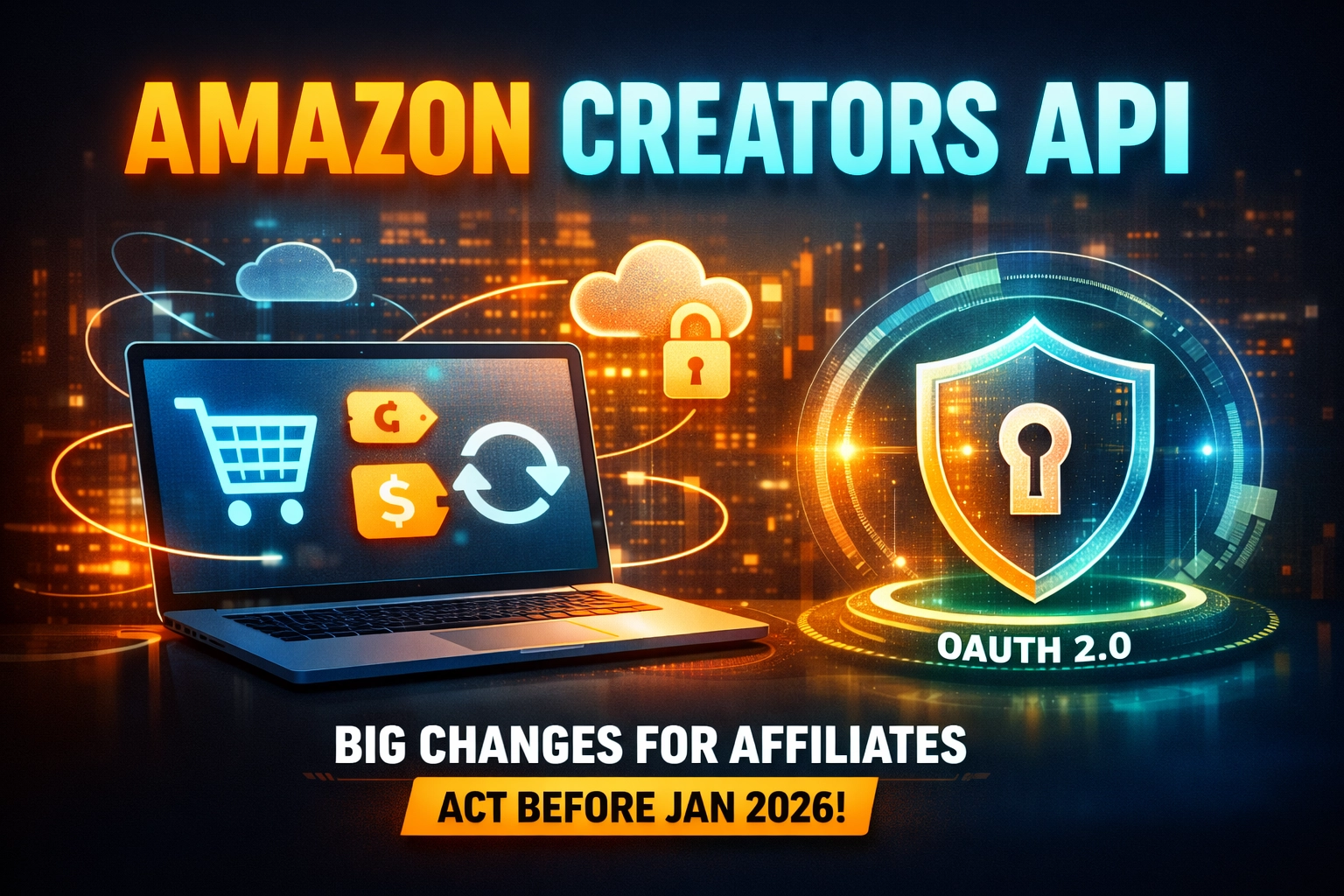 Illustration of Amazon Creators API migration with OAuth 2.0 security, shopping and affiliate icons, and Act before Jan 2026 text