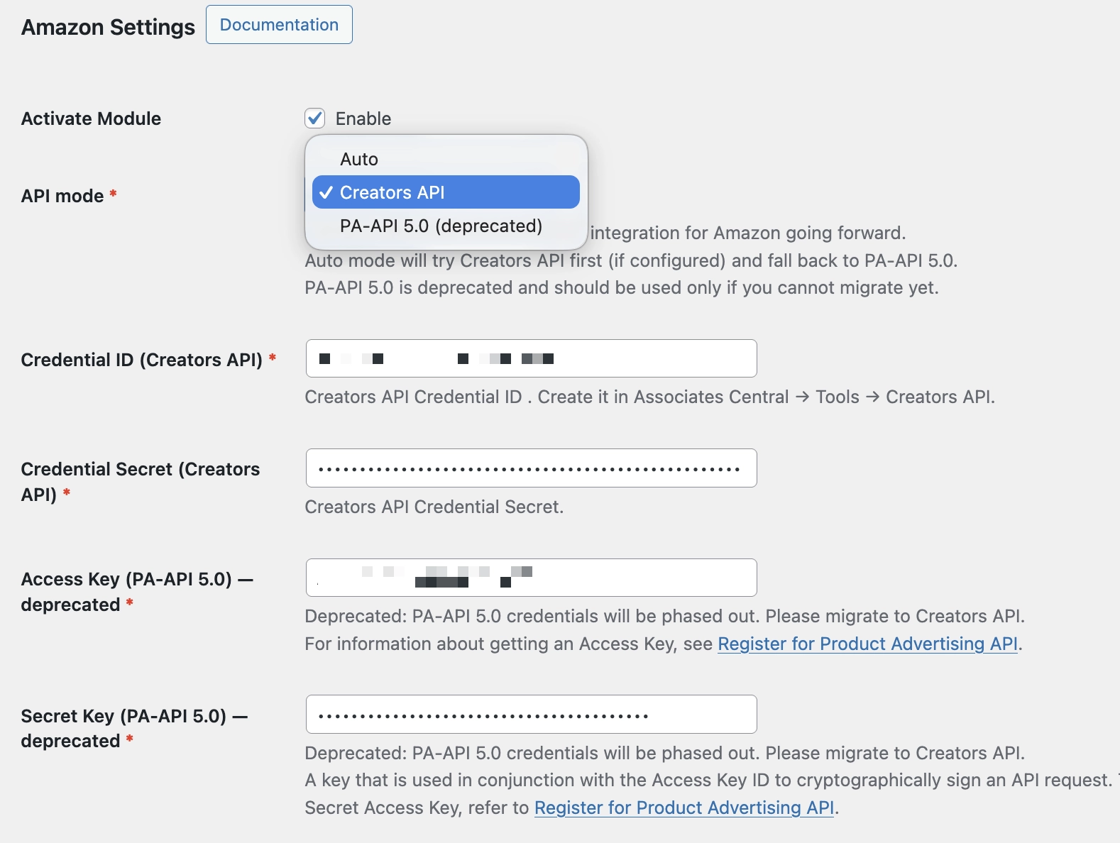 Content Egg Amazon module settings showing Creators API and PA-API support with fields to enter Creators API credentials for smooth migration.