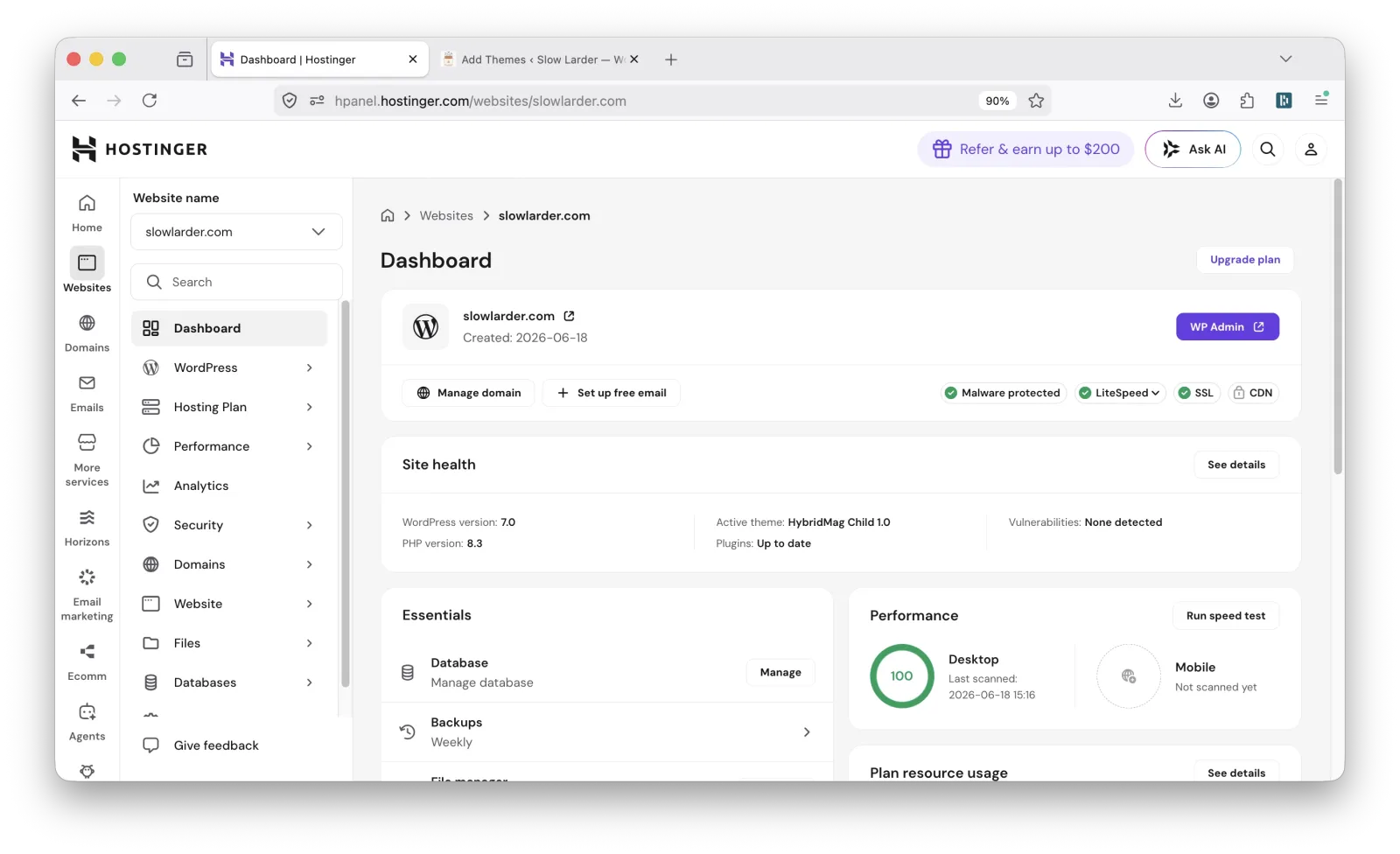 Hostinger hPanel dashboard with one-click WordPress installation for a new niche site
