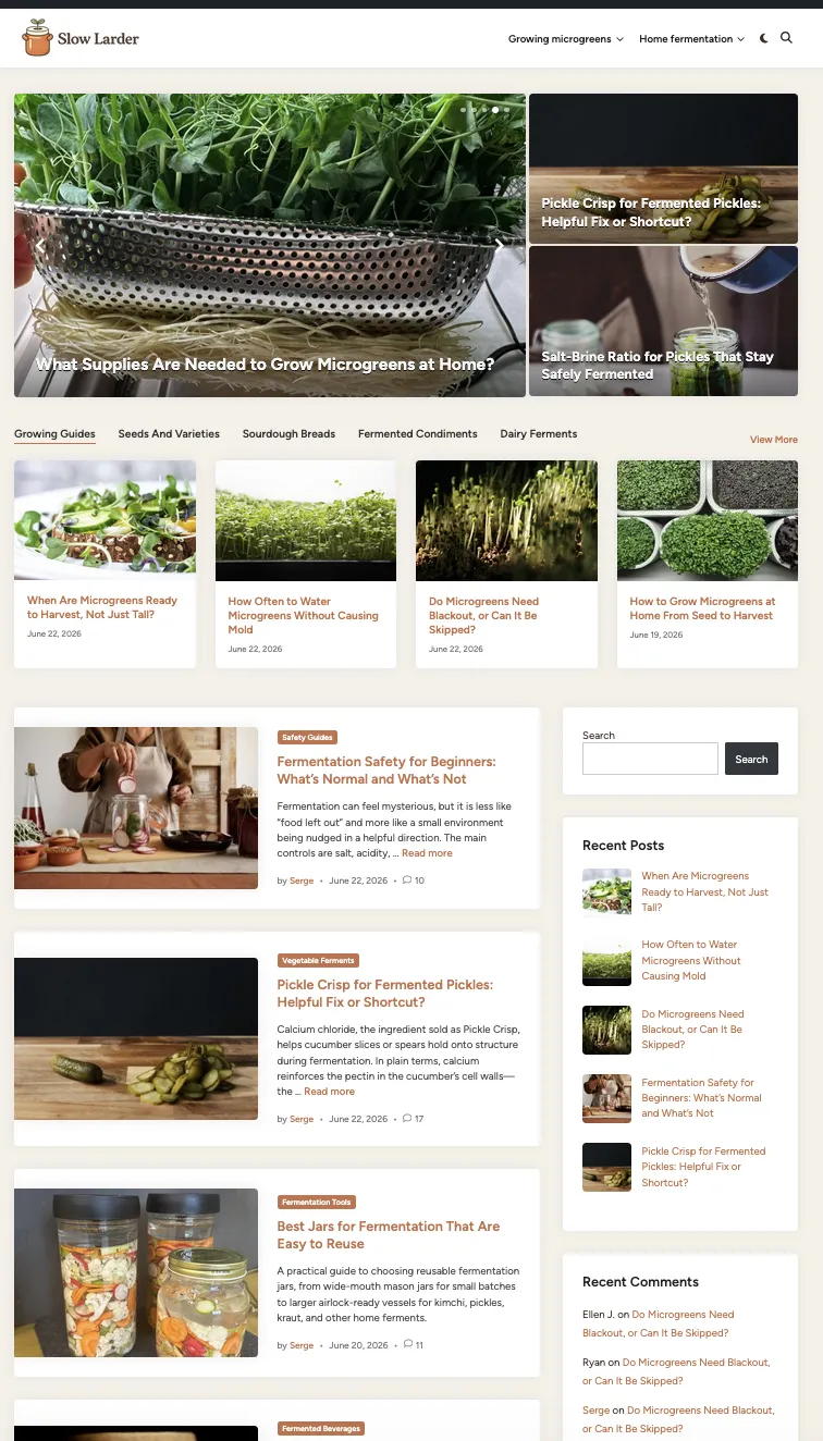 slowlarder.com homepage — the finished microgreens and home-fermentation niche site built with Too Much Niche