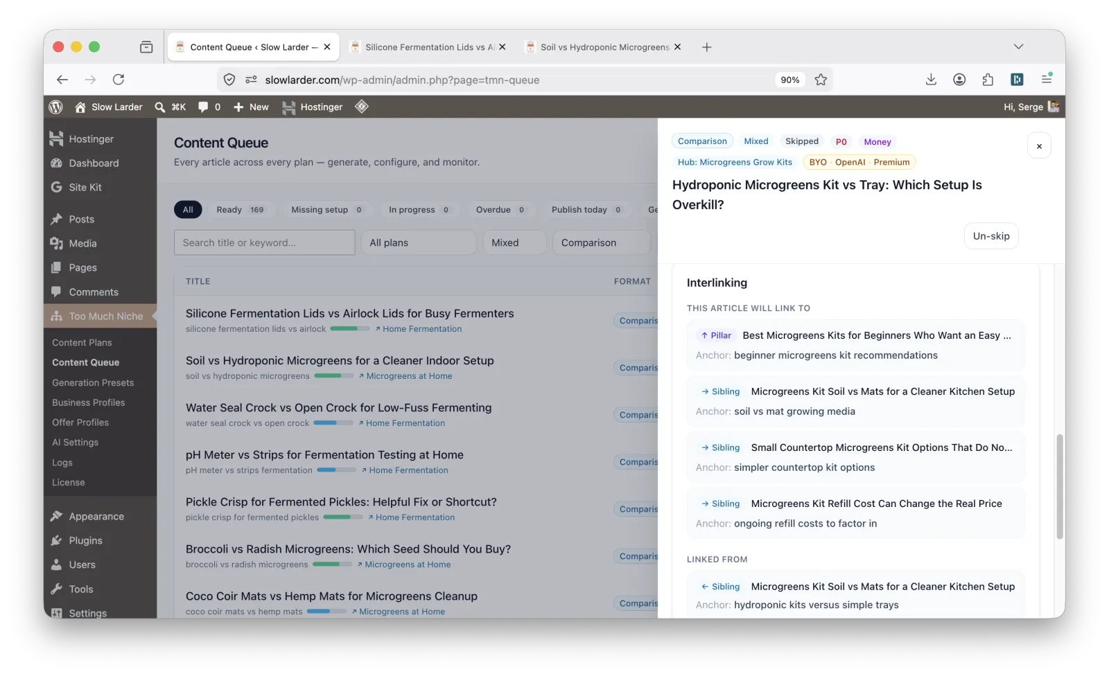 Too Much Niche node editor showing automatic internal linking between related articles
