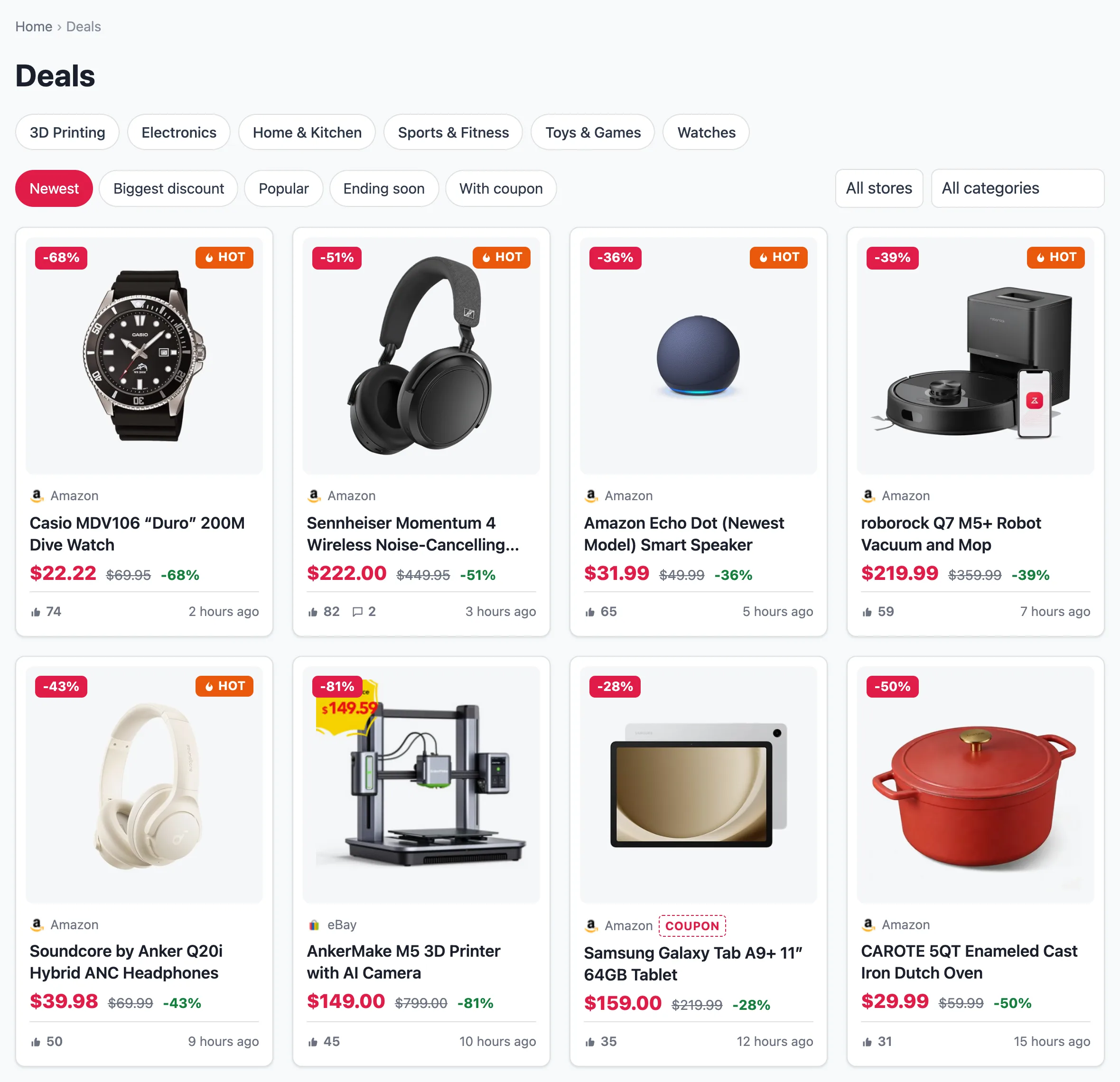 The deals archive: category links, sort and filter controls, and a grid of deal cards with discounts and Hot badges