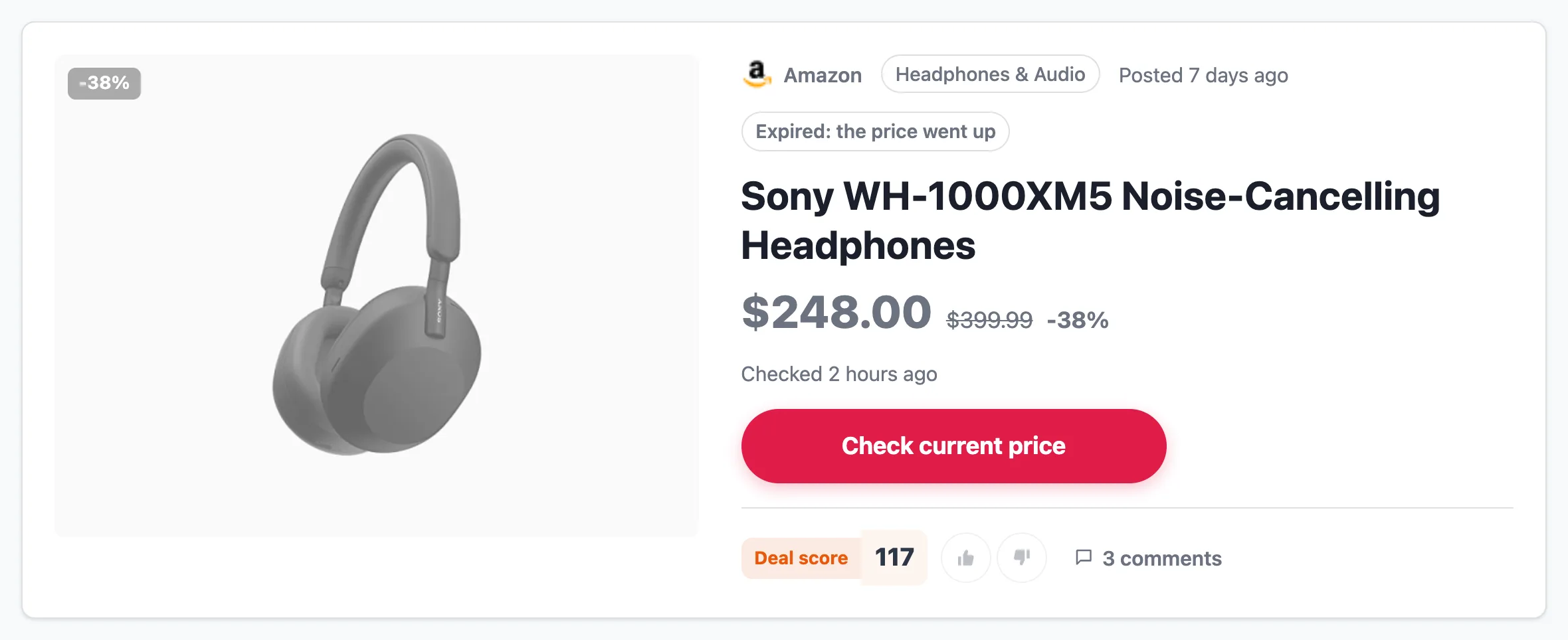An expired deal: a greyed-out image and the label "Expired: the price went up", with the page still online
