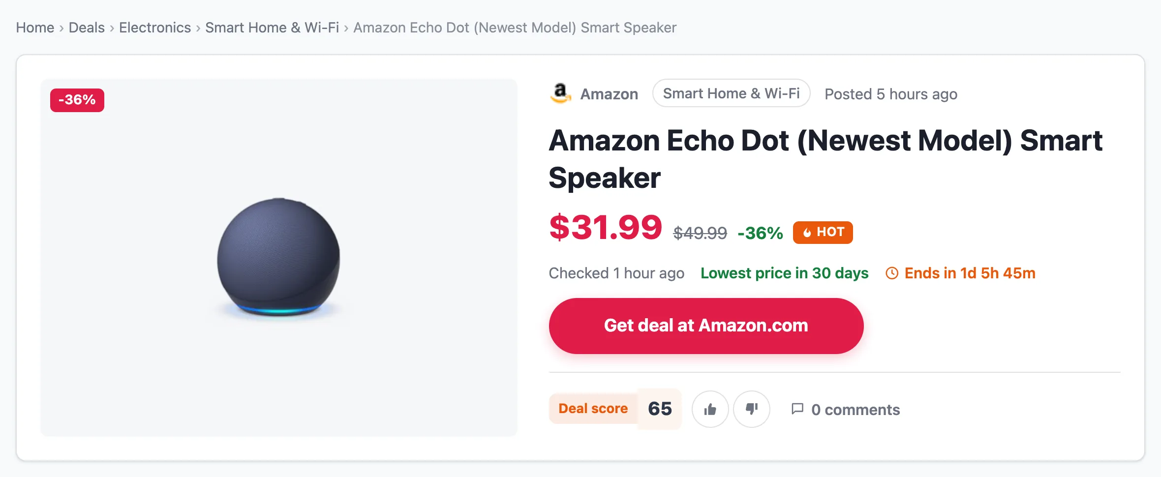 A deal page: store, category, price with old price and discount, Hot badge, Get deal button and deal score voting