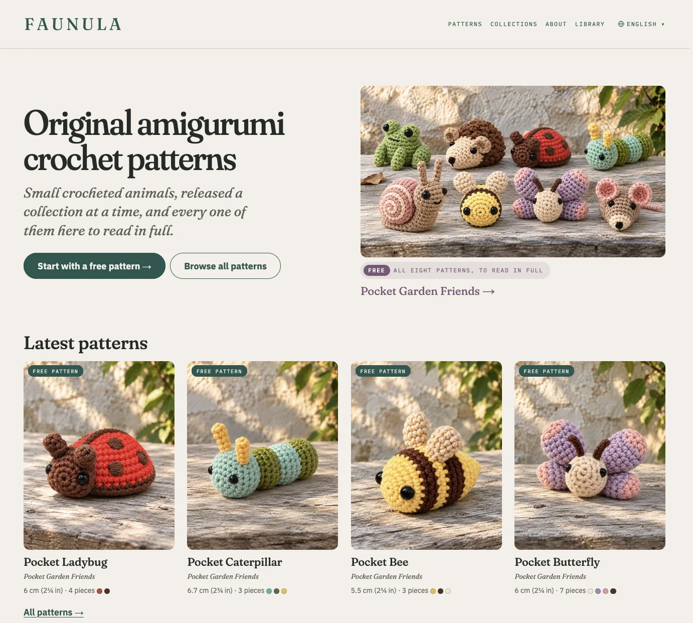 Faunula home page: the headline Original amigurumi crochet patterns, a photo of eight crocheted animals, and the latest pattern cards