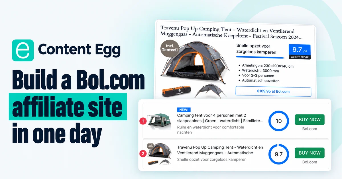 Build a Bol.com affiliate site in one day with Content Egg: a product card and a top list of Bol.com camping tents