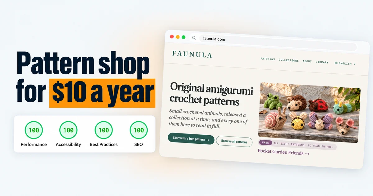 Pattern shop for $10 a year: the Faunula crochet pattern site with PageSpeed scores of 100