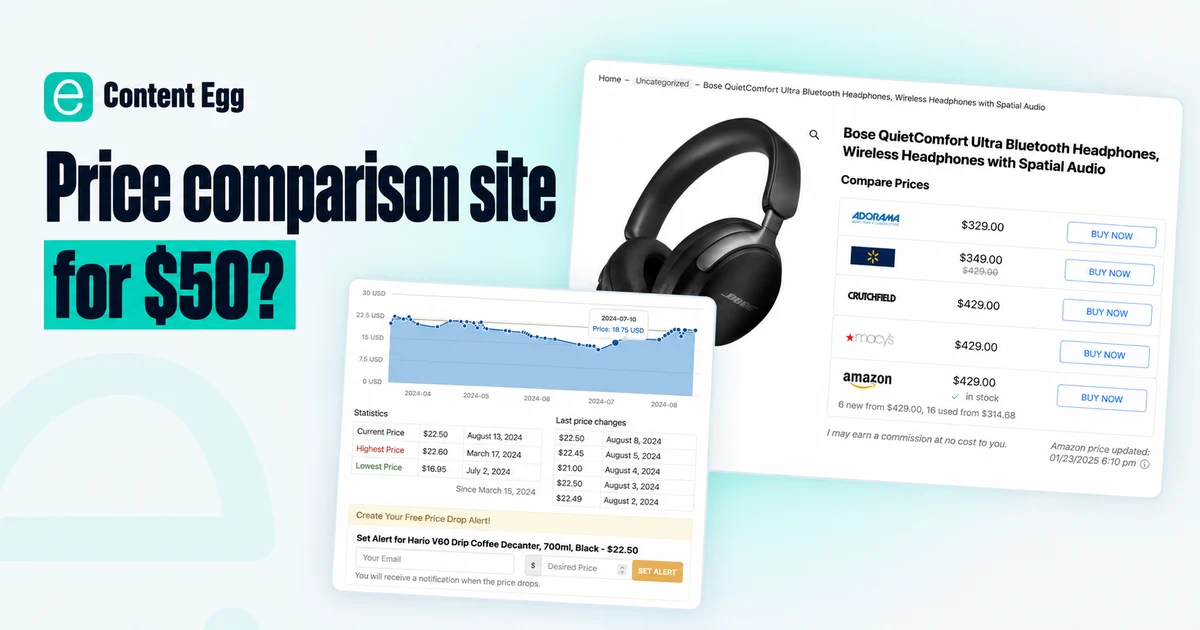 Price comparison site for $50: a Content Egg price comparison and price history for Bose headphones