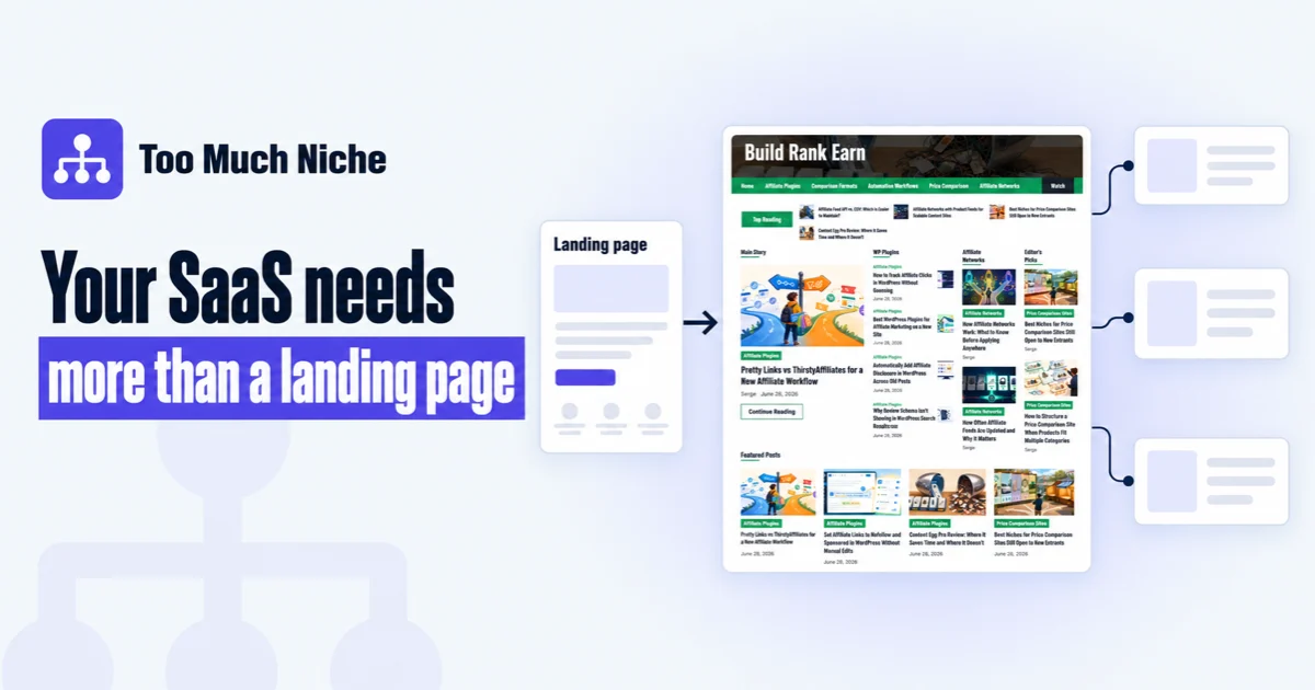 Your SaaS needs more than a landing page: a niche site with linked articles built with Too Much Niche
