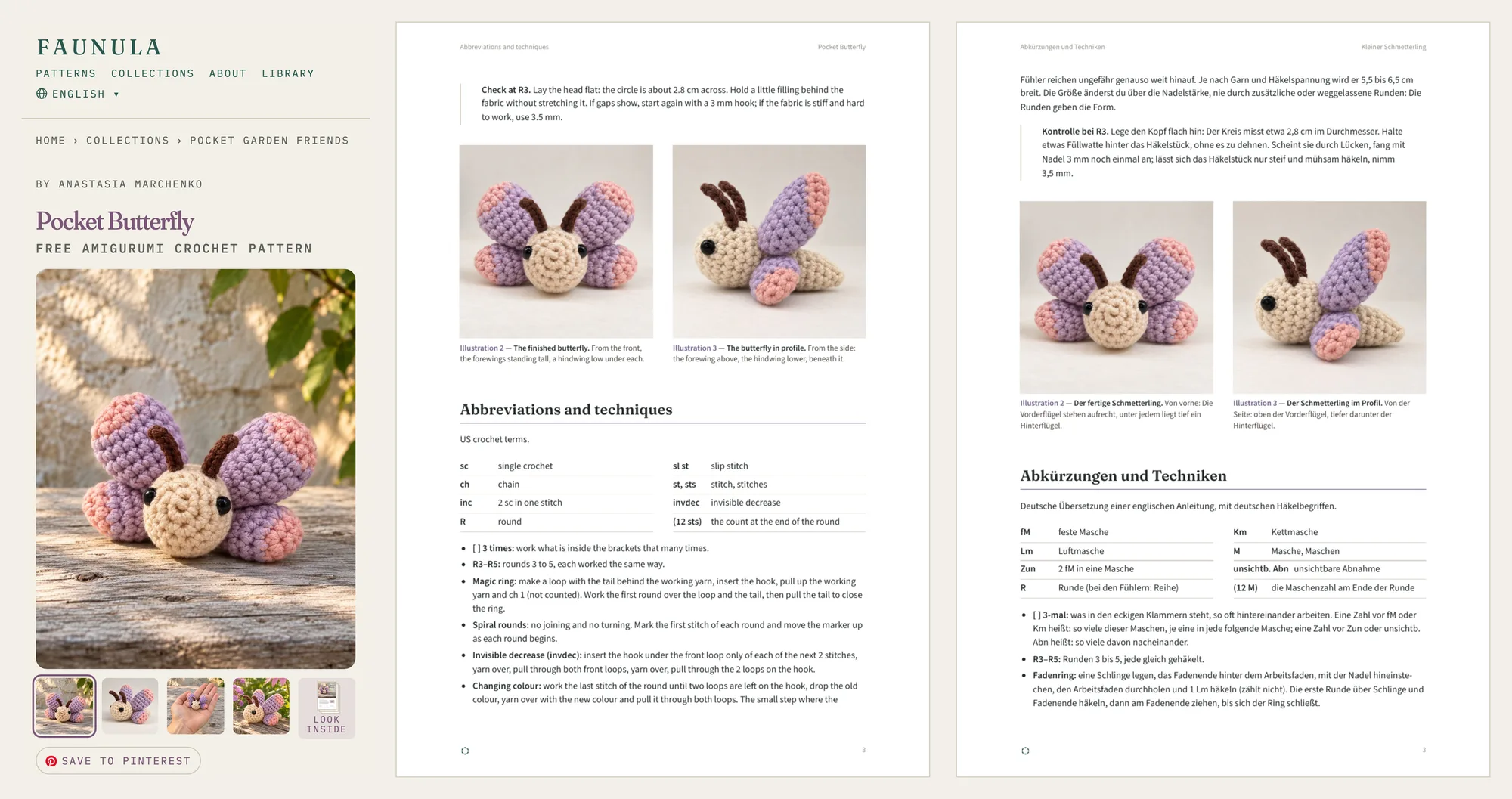 The Pocket Butterfly pattern as a mobile web page, an English PDF page and a German PDF page side by side