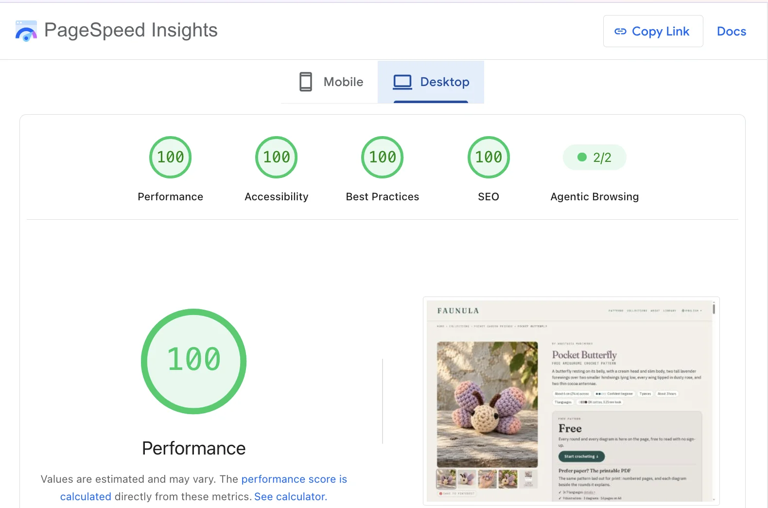 PageSpeed Insights for the Pocket Butterfly page on desktop: 100 in all four categories
