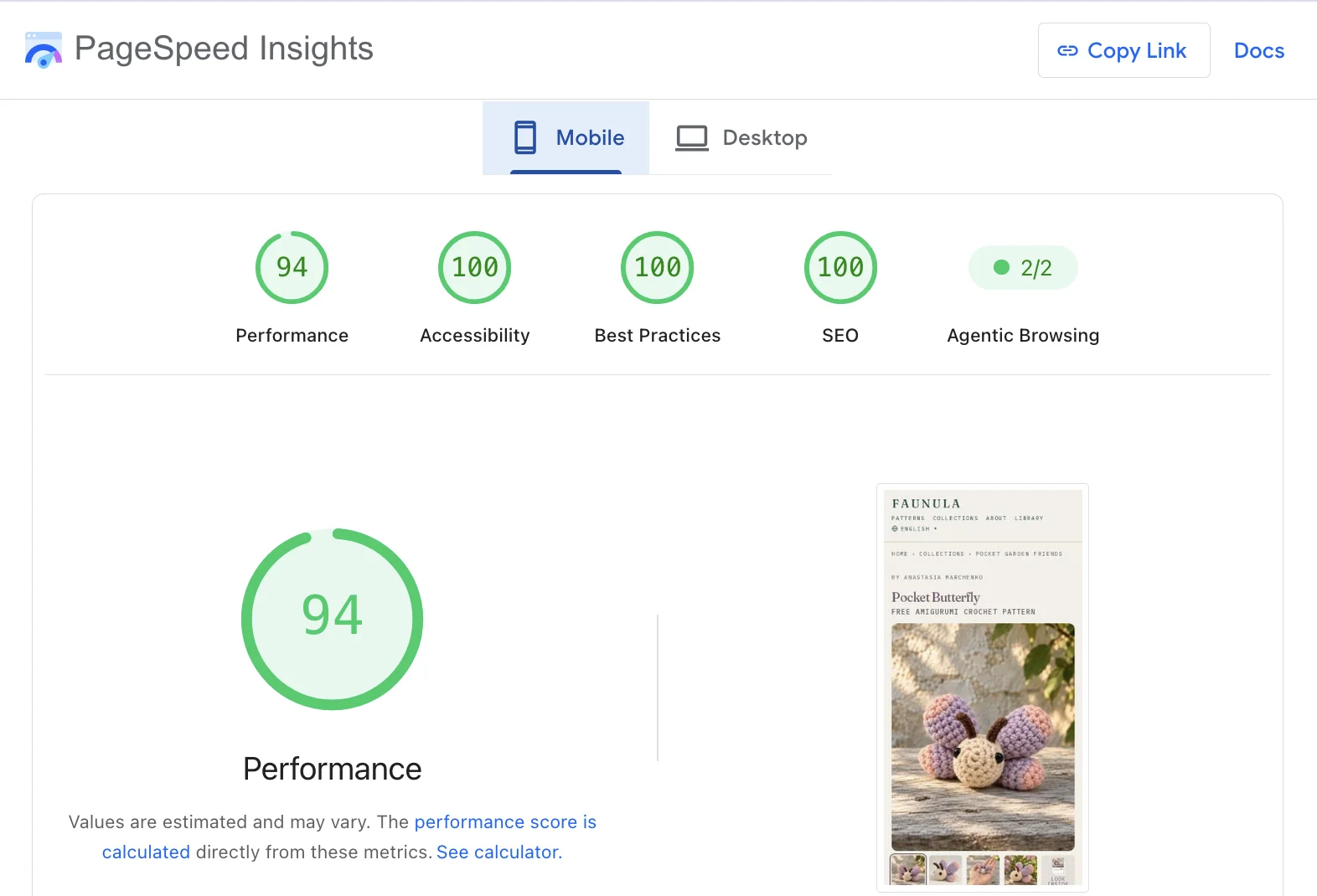 PageSpeed Insights for the Pocket Butterfly page on mobile: performance 94, the other three 100