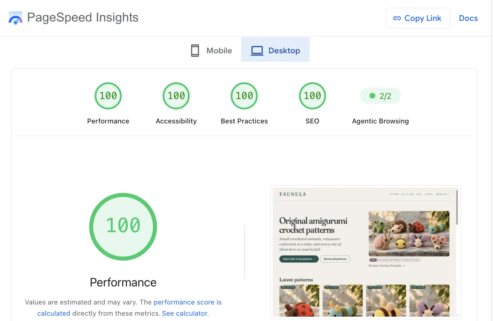 PageSpeed Insights for the Faunula home page on desktop: 100 for performance, accessibility, best practices and SEO