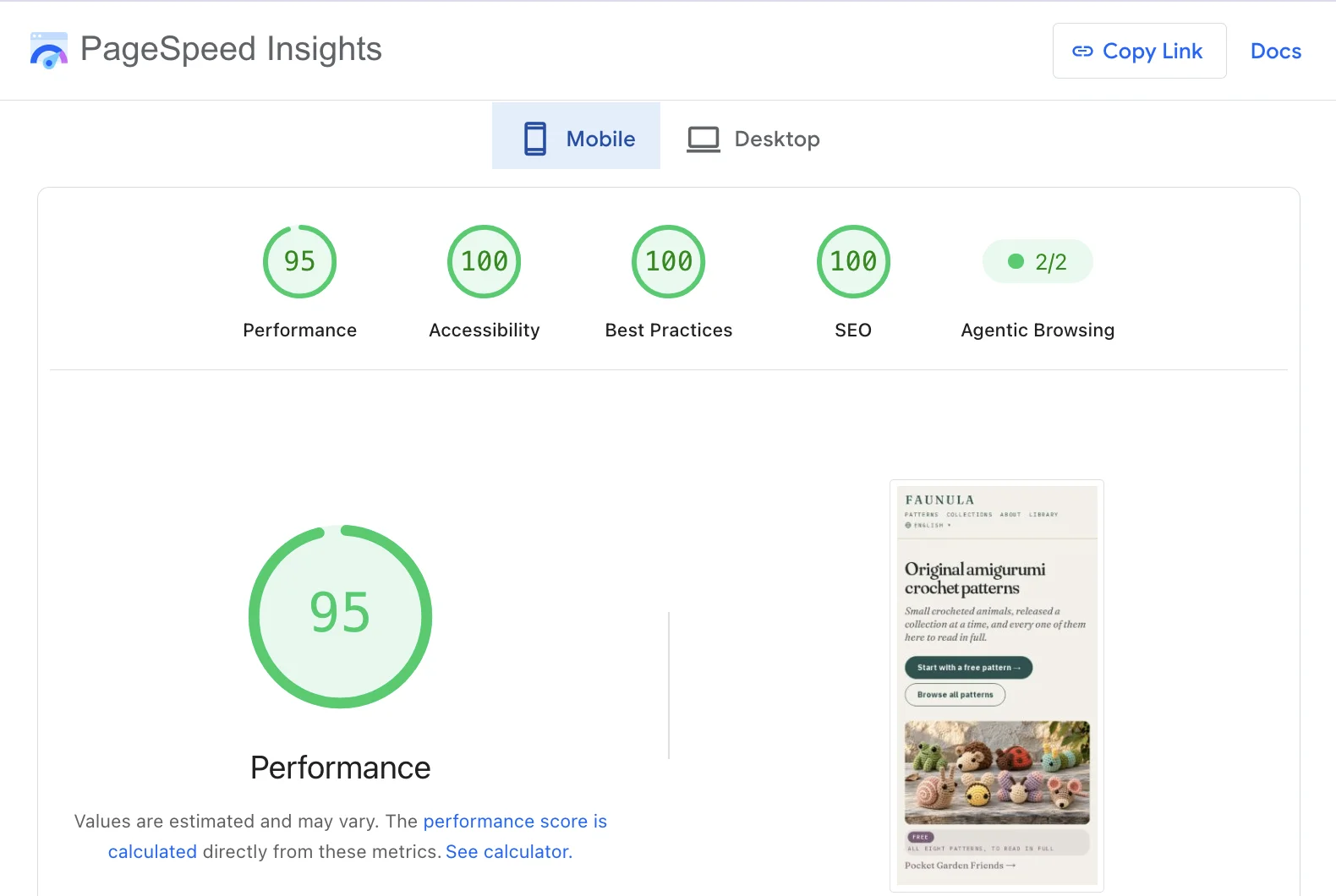 PageSpeed Insights for the Faunula home page on mobile: performance 95, accessibility, best practices and SEO 100