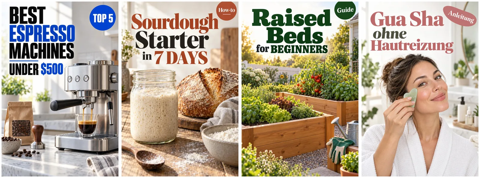 Four Pinterest pins made by Too Much Niche: espresso machines, sourdough starter, raised garden beds, and a German gua sha guide