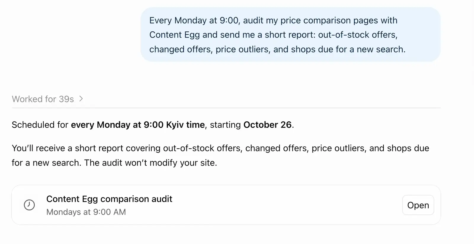ChatGPT confirming a weekly scheduled task: Content Egg comparison audit, Mondays at 9:00 AM
