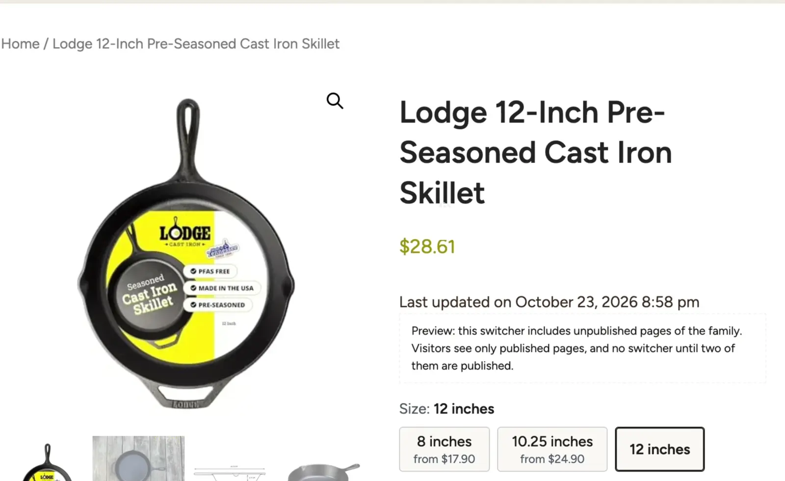 Lodge 12-inch skillet product page with a size switcher: 8 inches from $17.90, 10.25 inches from $24.90, 12 inches