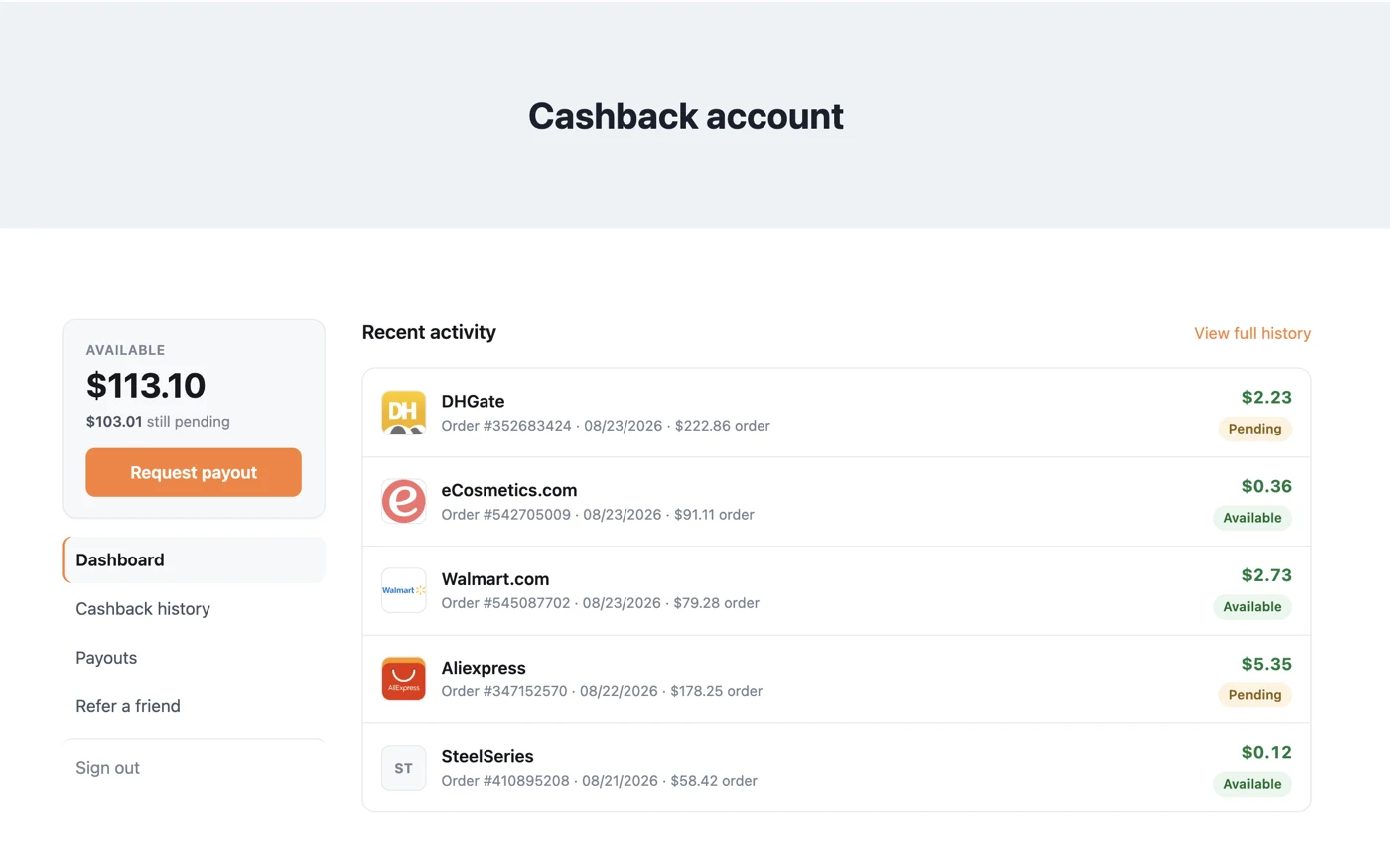A member's cashback account: available balance, pending cashback, and recent orders with their status