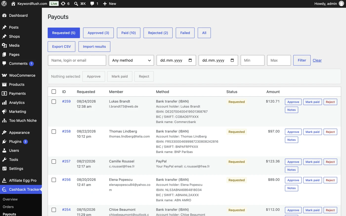 The payout queue in wp-admin, with requested payouts and their payment details