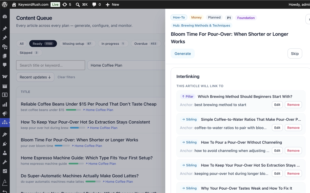Too Much Niche Content Queue with a node's edit panel open, showing the Interlinks section