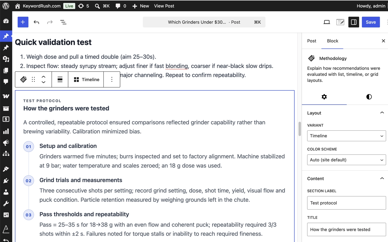 Editing a Methodology Egg Block in the WordPress post editor, with the block settings sidebar
