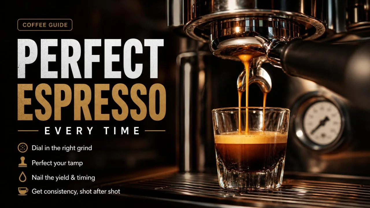 AI-generated featured image — a magazine-style espresso banner reading “Perfect Espresso Every Time”