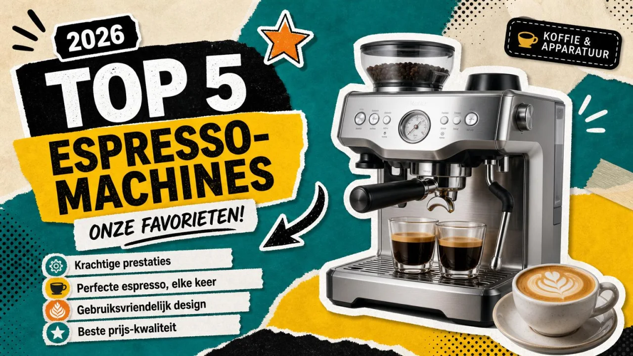 AI-generated featured image — a sticker-collage Dutch banner reading “Top 5 Espresso-Machines”