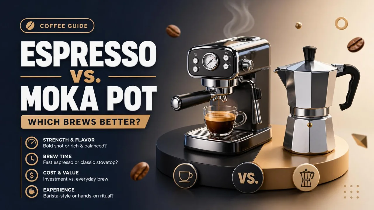 AI-generated featured image — a 3D-render banner reading “Espresso vs. Moka Pot”