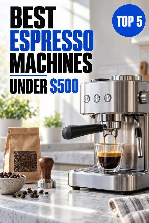 AI-generated Pinterest pin reading “Best Espresso Machines Under $500”