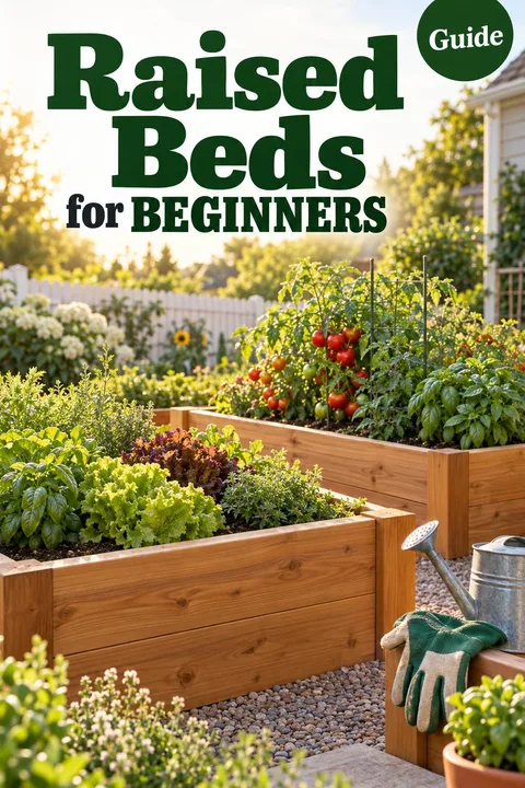 AI-generated Pinterest pin reading “Raised Beds for Beginners”