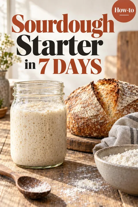 AI-generated Pinterest pin reading “Sourdough Starter in 7 Days”